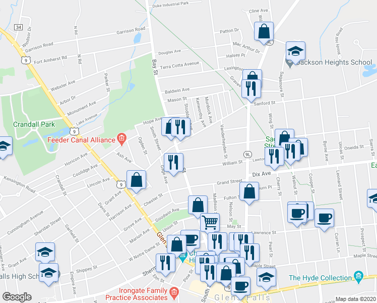 map of restaurants, bars, coffee shops, grocery stores, and more near 7 Hunter Street in Glens Falls