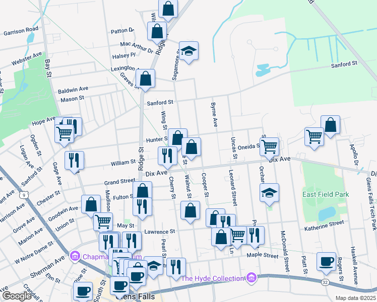 map of restaurants, bars, coffee shops, grocery stores, and more near 15 Sagamore St in Glens Falls