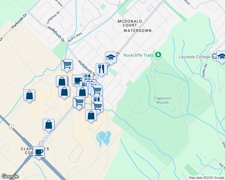 map of restaurants, bars, coffee shops, grocery stores, and more near 19 Waterwheel Crescent in Hamilton