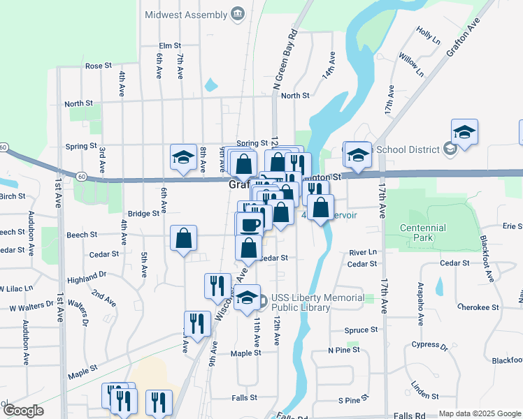 map of restaurants, bars, coffee shops, grocery stores, and more near 1108 Bridge Street in Grafton