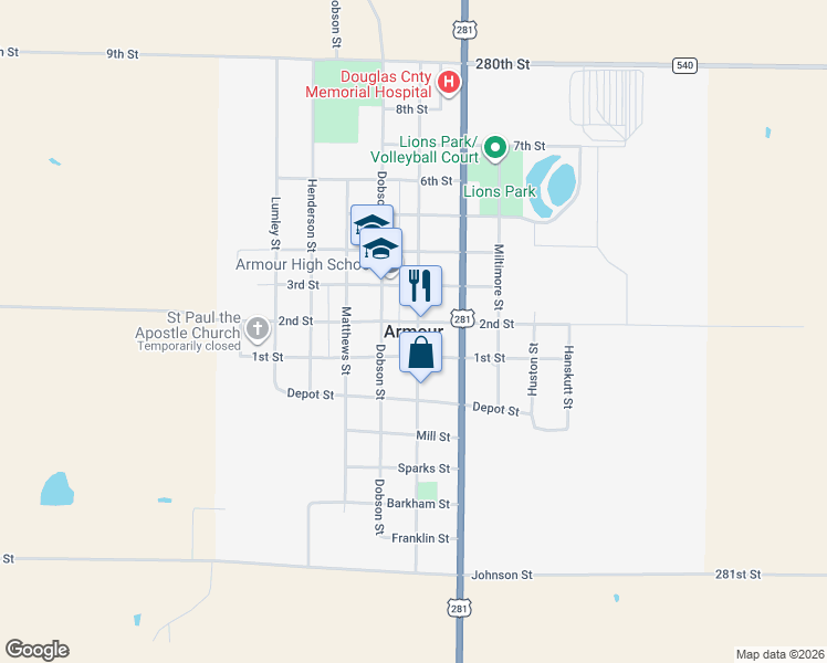 map of restaurants, bars, coffee shops, grocery stores, and more near in Armour