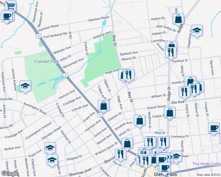 map of restaurants, bars, coffee shops, grocery stores, and more near 8 Smith Street in Glens Falls