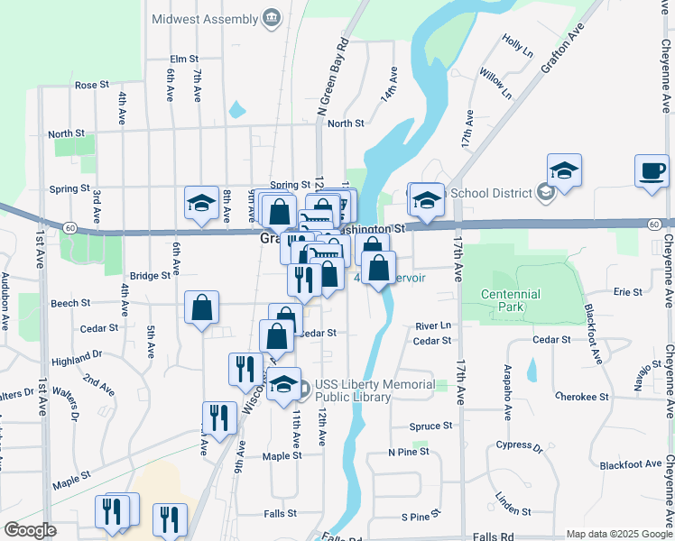 map of restaurants, bars, coffee shops, grocery stores, and more near 1218 Bridge Street in Grafton