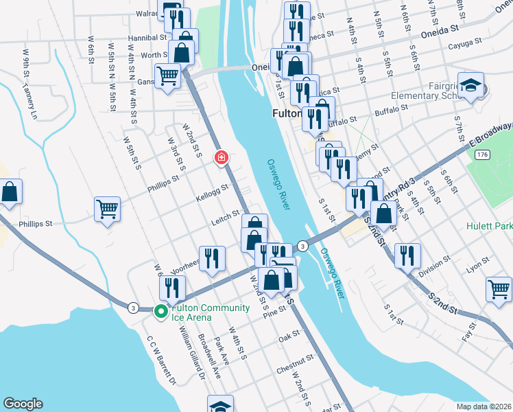 map of restaurants, bars, coffee shops, grocery stores, and more near 202 Riverside Avenue in Fulton