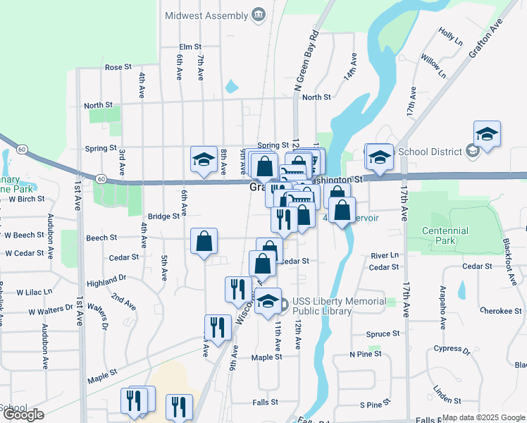 map of restaurants, bars, coffee shops, grocery stores, and more near 1002 Bridge Street in Grafton