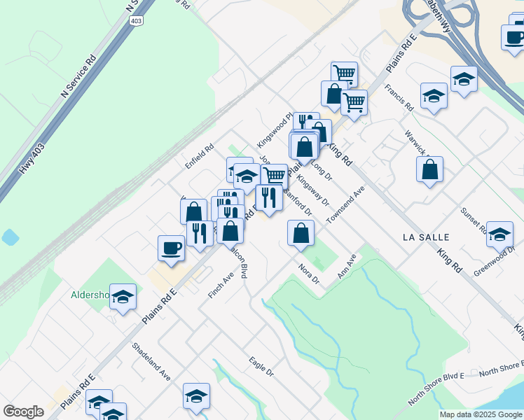 map of restaurants, bars, coffee shops, grocery stores, and more near 500 Plains Road East in Burlington