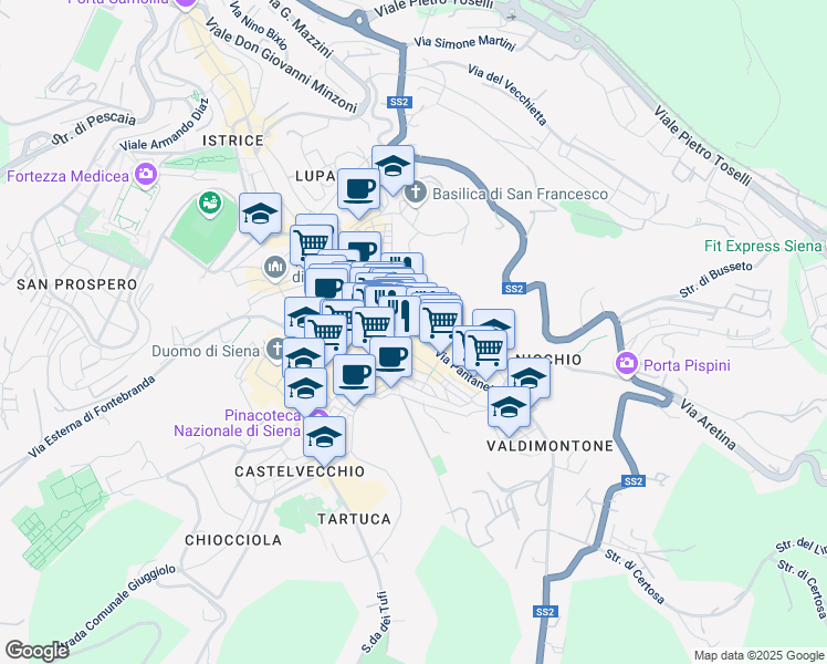 map of restaurants, bars, coffee shops, grocery stores, and more near 31 Via Pantaneto in Siena