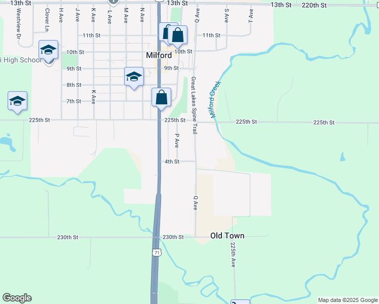 map of restaurants, bars, coffee shops, grocery stores, and more near 400-598 P Ave in Milford