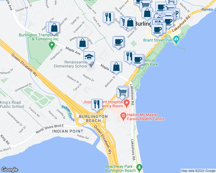 map of restaurants, bars, coffee shops, grocery stores, and more near 1222 Bellview Street in Burlington