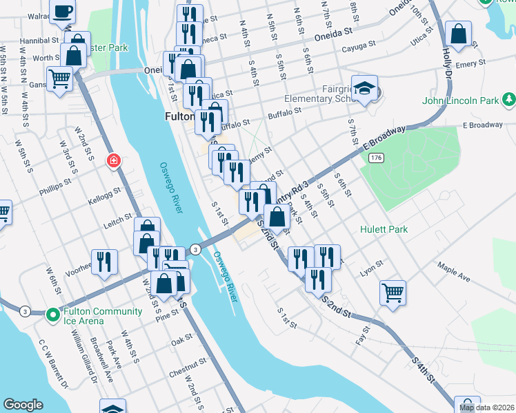 map of restaurants, bars, coffee shops, grocery stores, and more near 203 East Broadway in Fulton