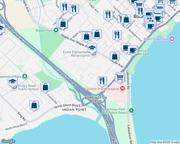 map of restaurants, bars, coffee shops, grocery stores, and more near in Burlington