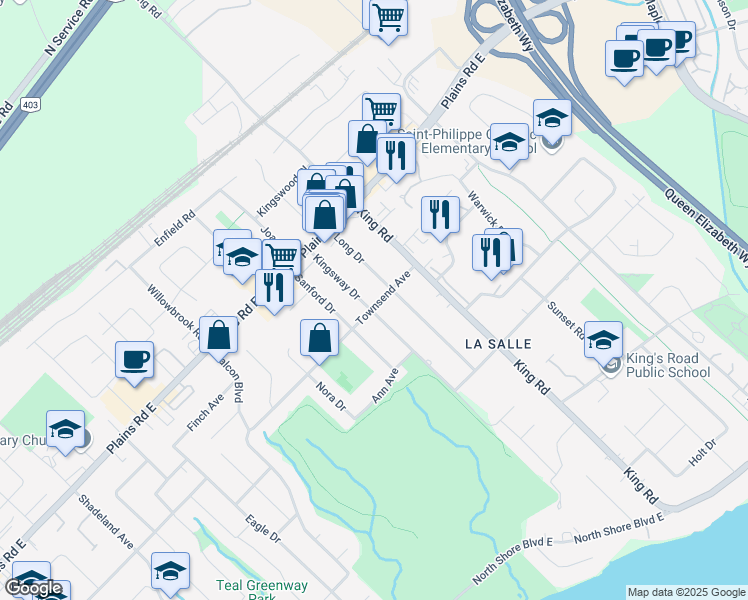 map of restaurants, bars, coffee shops, grocery stores, and more near 913 Kingsway Drive in Burlington