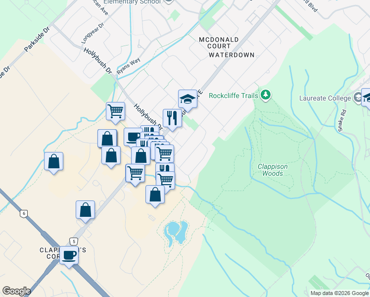 map of restaurants, bars, coffee shops, grocery stores, and more near 49 Grindstone Way in Hamilton