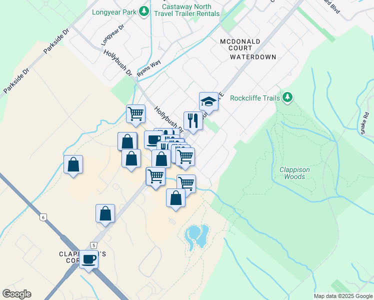 map of restaurants, bars, coffee shops, grocery stores, and more near Bronte Court in Hamilton