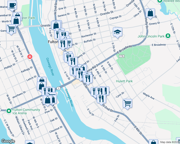 map of restaurants, bars, coffee shops, grocery stores, and more near 315 Park Street in Fulton