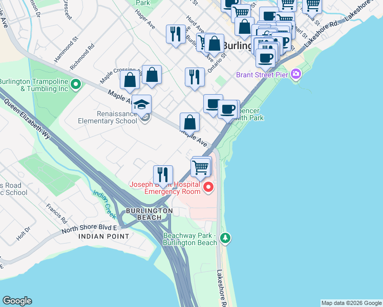 map of restaurants, bars, coffee shops, grocery stores, and more near in Burlington