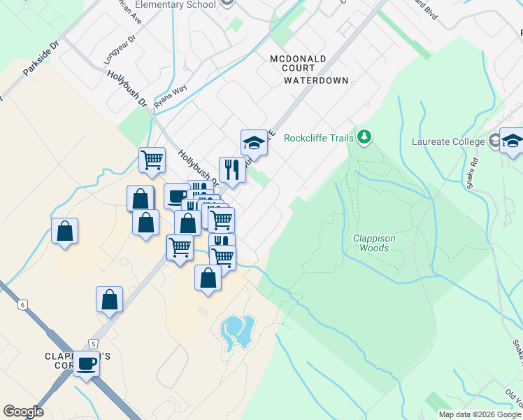 map of restaurants, bars, coffee shops, grocery stores, and more near 19 Waterwheel Crescent in Hamilton