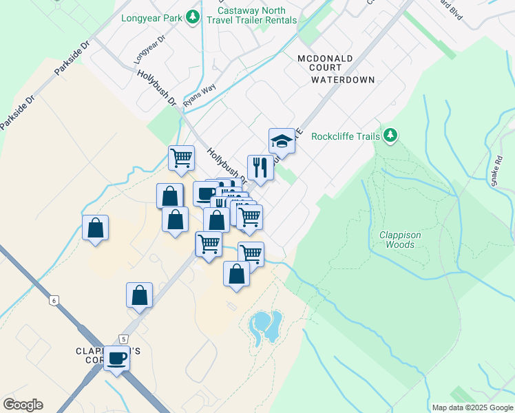 map of restaurants, bars, coffee shops, grocery stores, and more near 10 Bronte Court in Hamilton