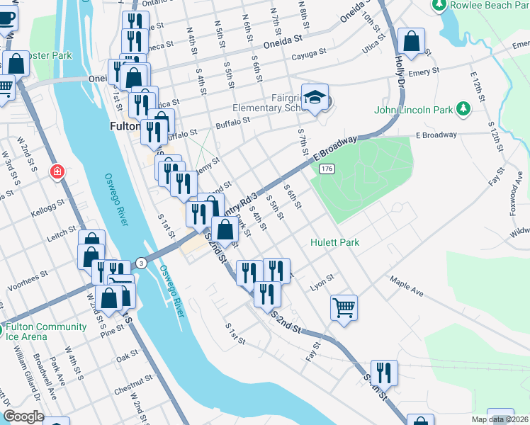 map of restaurants, bars, coffee shops, grocery stores, and more near 353 South 4th Street in Fulton
