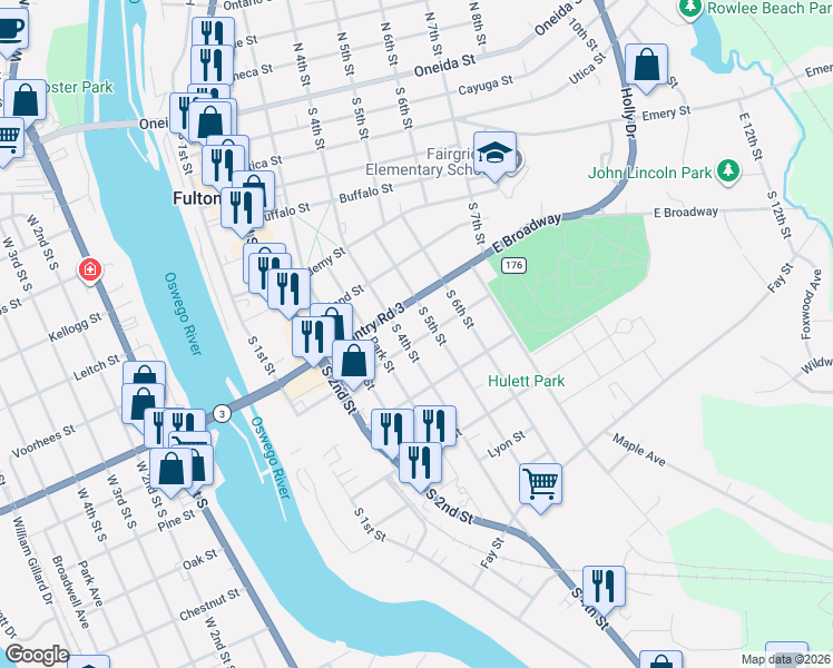 map of restaurants, bars, coffee shops, grocery stores, and more near 407 State Street in Fulton