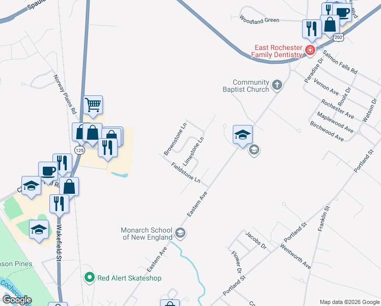 map of restaurants, bars, coffee shops, grocery stores, and more near 13 Limestone Lane in Rochester