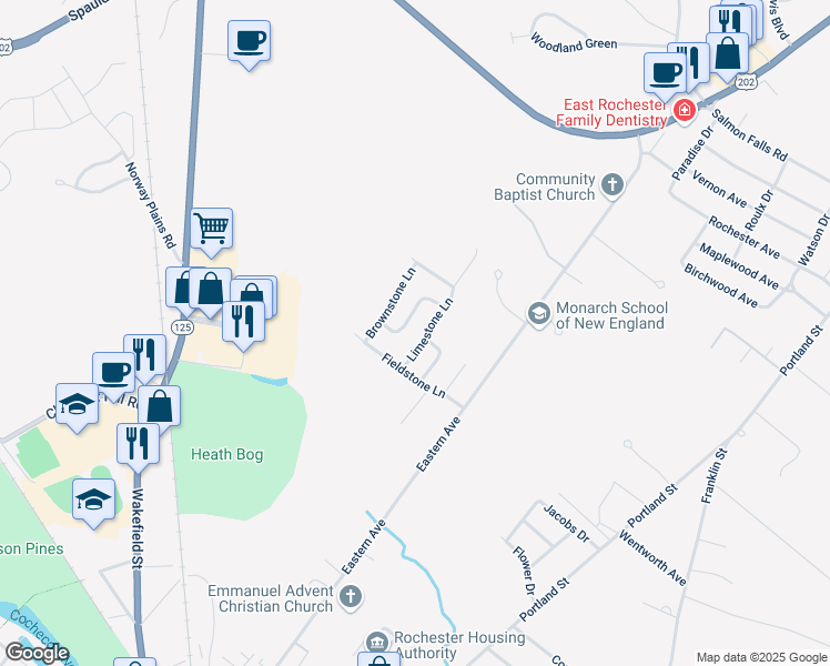map of restaurants, bars, coffee shops, grocery stores, and more near 13 Limestone Lane in Rochester