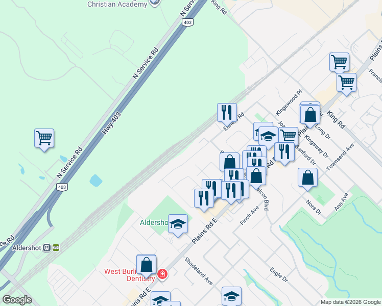 map of restaurants, bars, coffee shops, grocery stores, and more near 393 Enfield Road in Burlington