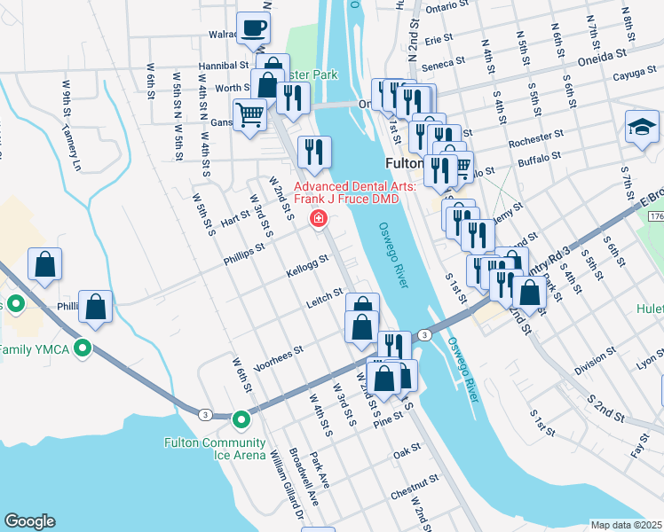 map of restaurants, bars, coffee shops, grocery stores, and more near 108 Leitch Street in Fulton