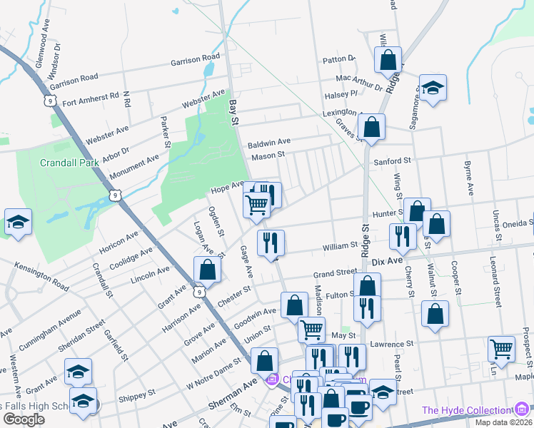 map of restaurants, bars, coffee shops, grocery stores, and more near in Glens Falls