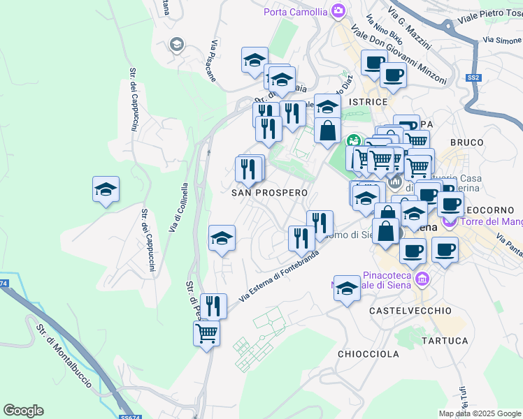 map of restaurants, bars, coffee shops, grocery stores, and more near in Siena