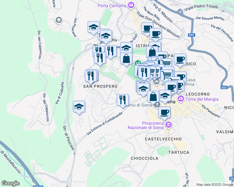 map of restaurants, bars, coffee shops, grocery stores, and more near 2 Via Bruno Bonci in Siena
