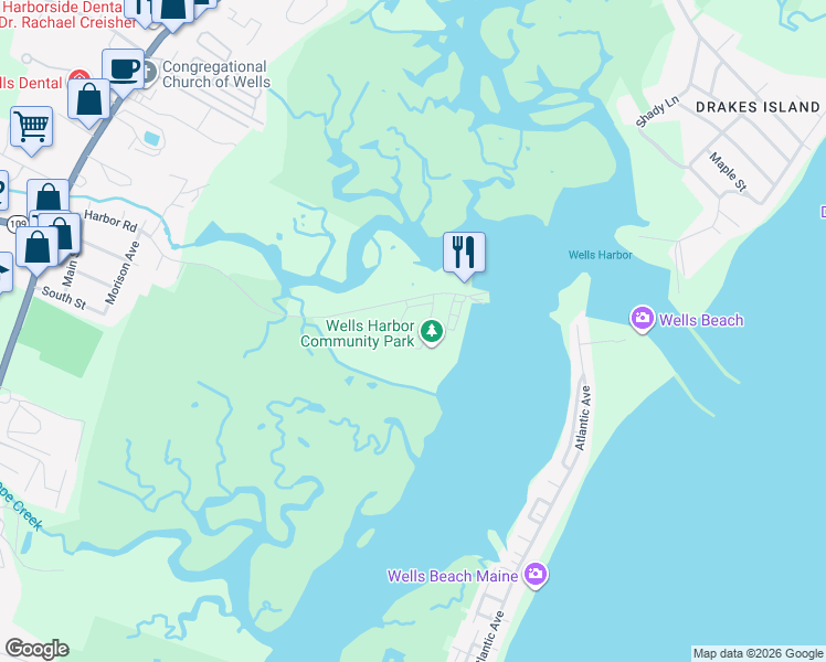 map of restaurants, bars, coffee shops, grocery stores, and more near 362 Harbor Road in Wells