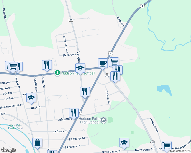 map of restaurants, bars, coffee shops, grocery stores, and more near 1262 Dix Avenue in Hudson Falls