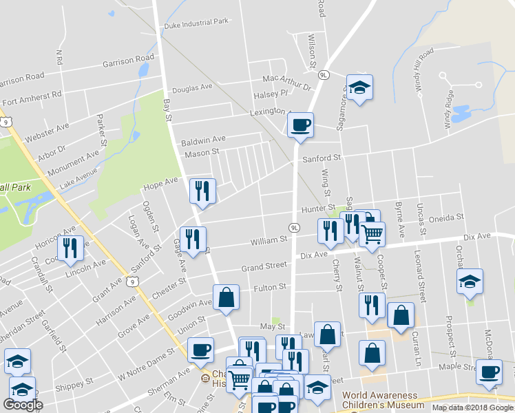 map of restaurants, bars, coffee shops, grocery stores, and more near 24 Vanderheyden Street in Glens Falls