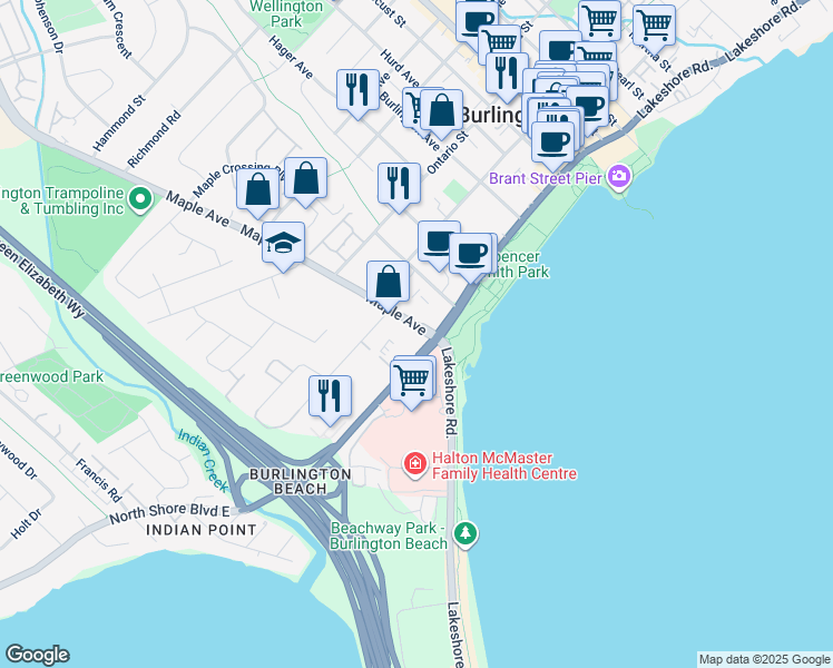 map of restaurants, bars, coffee shops, grocery stores, and more near 442 Maple Avenue in Burlington