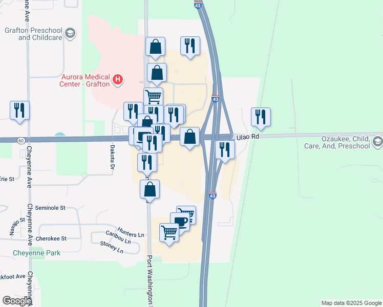map of restaurants, bars, coffee shops, grocery stores, and more near 1250 North Port Washington Road in Grafton