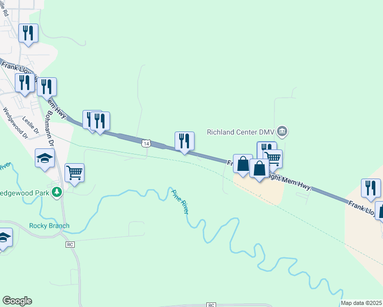 map of restaurants, bars, coffee shops, grocery stores, and more near 1996 U.S. 14 in Richland Center