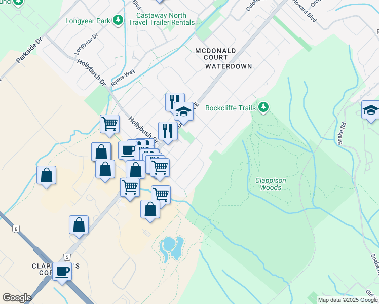 map of restaurants, bars, coffee shops, grocery stores, and more near 31 Grindstone Way in Hamilton