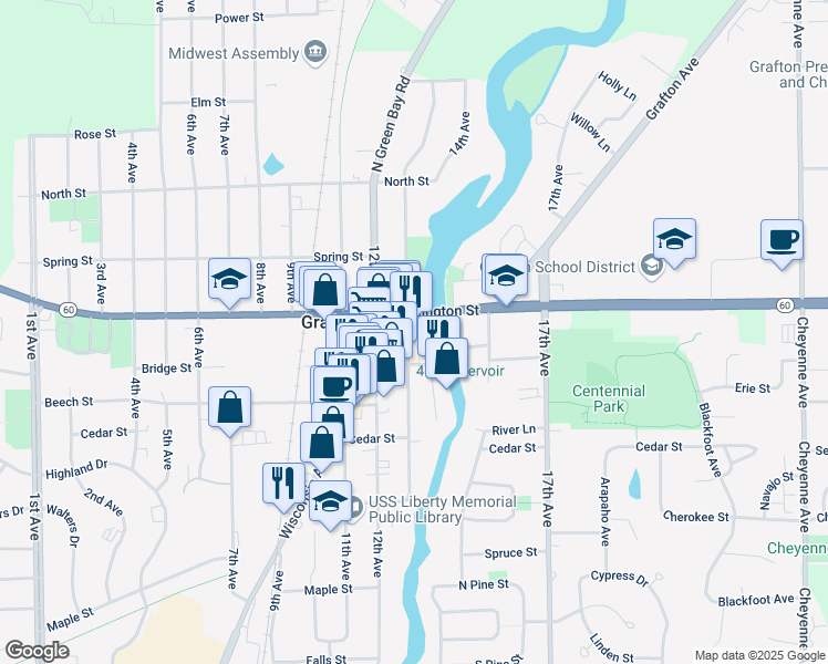 map of restaurants, bars, coffee shops, grocery stores, and more near 1385 Washington Street in Grafton