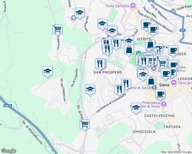 map of restaurants, bars, coffee shops, grocery stores, and more near 12 Via Gorizia in Siena