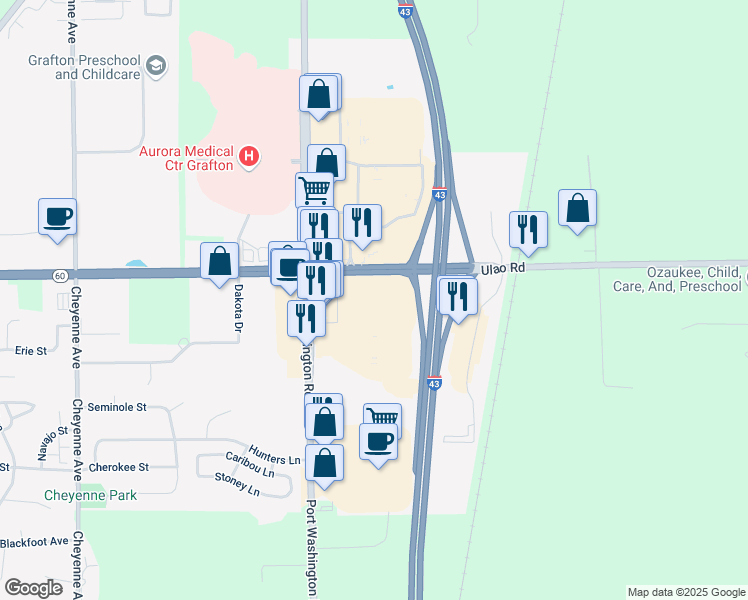 map of restaurants, bars, coffee shops, grocery stores, and more near 1250 North Port Washington Road in Grafton