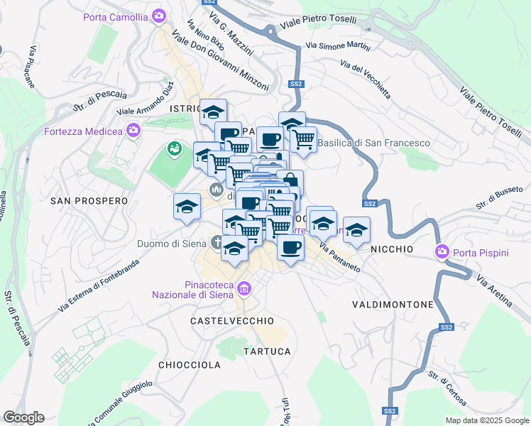 map of restaurants, bars, coffee shops, grocery stores, and more near 15 Vicolo Donzelle in Siena