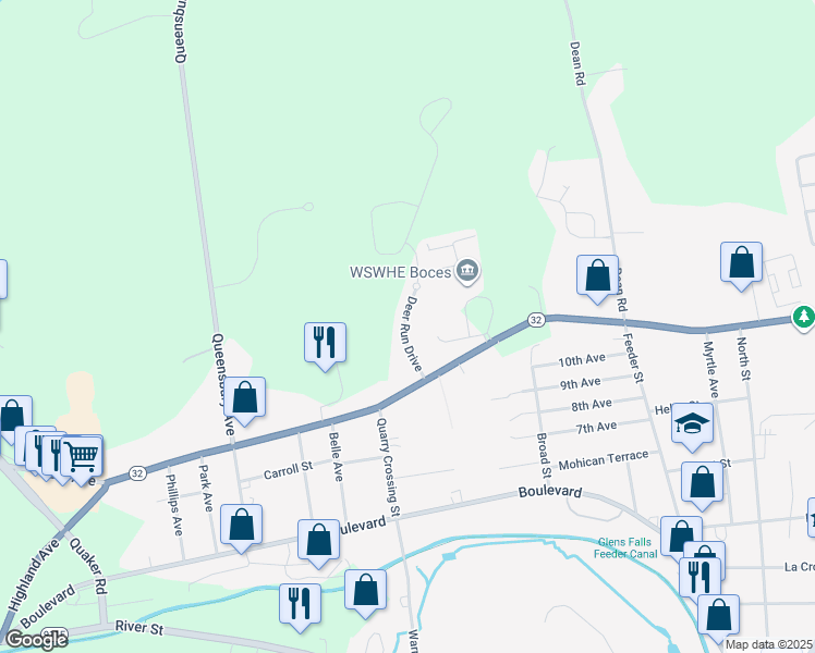 map of restaurants, bars, coffee shops, grocery stores, and more near 5 Deer Run Drive in Hudson Falls