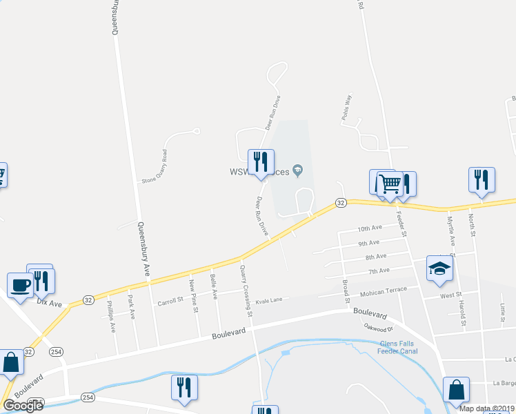 map of restaurants, bars, coffee shops, grocery stores, and more near 5 Deer Run Drive in Hudson Falls