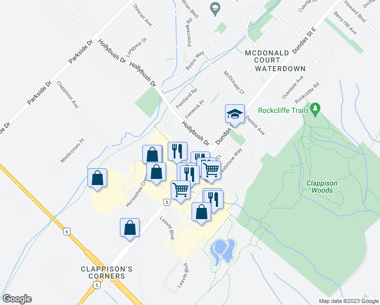 map of restaurants, bars, coffee shops, grocery stores, and more near 22 Slater Court in Hamilton