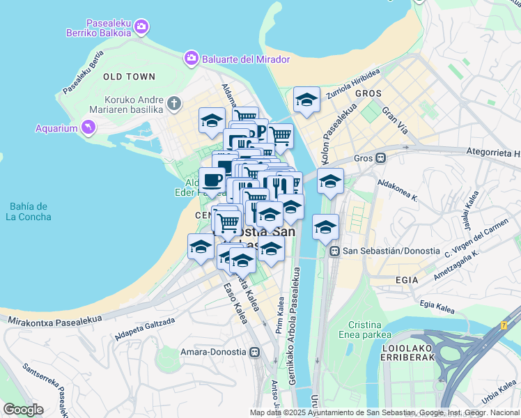 map of restaurants, bars, coffee shops, grocery stores, and more near 17 Askatasunaren Hiribidea in Donostia