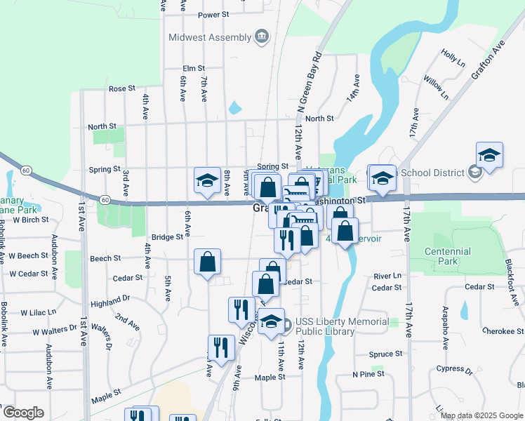 map of restaurants, bars, coffee shops, grocery stores, and more near in Grafton