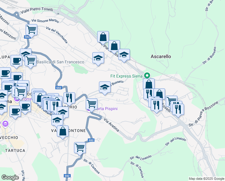 map of restaurants, bars, coffee shops, grocery stores, and more near 15 Strada del Villino in Siena