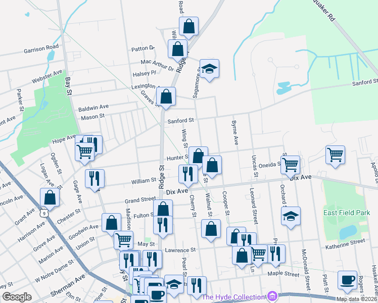 map of restaurants, bars, coffee shops, grocery stores, and more near 7 Wing Street in Glens Falls