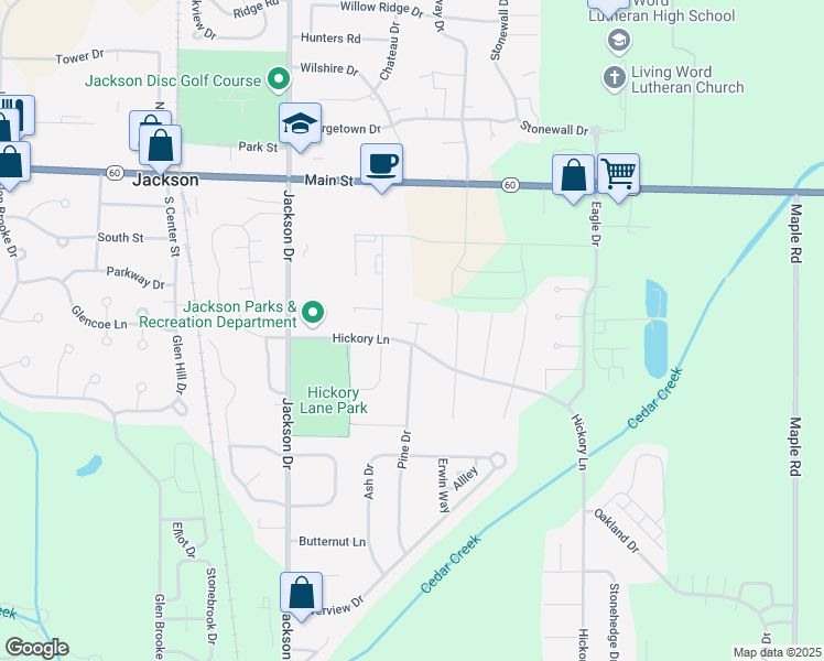 map of restaurants, bars, coffee shops, grocery stores, and more near N165W20012 Hickory Lane in Jackson